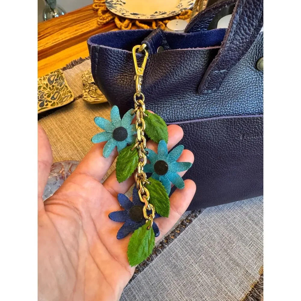 Triple Blue Flower Bag Charm Genuine Leather Purse Charm Flower Charms NEW!
